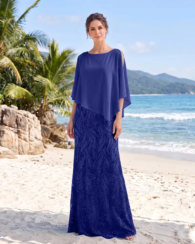 Cold Shoulder Chiffon Cape Mermaid Mother of the Bride Dress