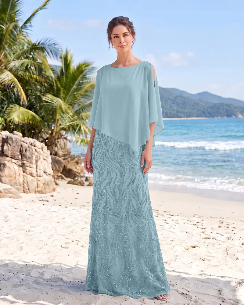 Cold Shoulder Chiffon Cape Mermaid Mother of the Bride Dress