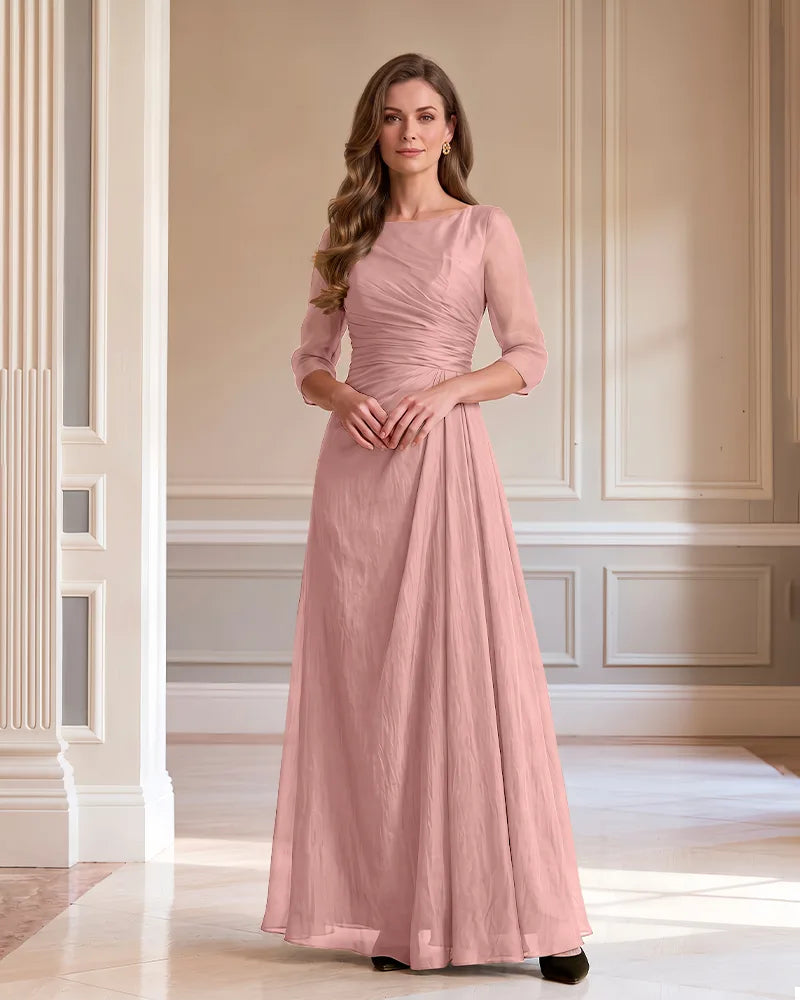 3/4 Sleeve Ruched Chiffon A Line Mother of the Bride Dress