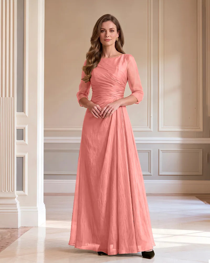 3/4 Sleeve Ruched Chiffon A Line Mother of the Bride Dress