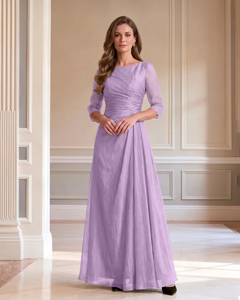 3/4 Sleeve Ruched Chiffon A Line Mother of the Bride Dress
