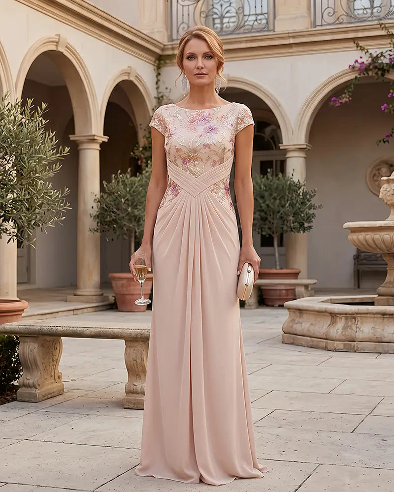 Blush Chiffon Floral Sequin Mother of the Bride Dress