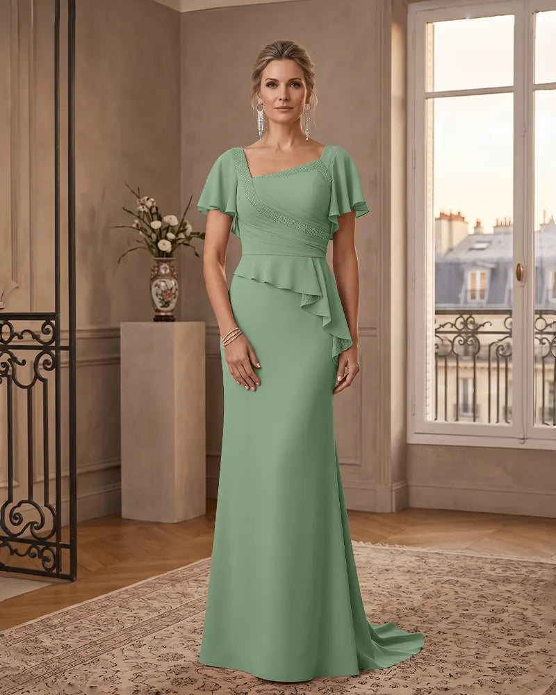 Beaded Flutter Sleeve Mermaid Mother of the Bride Dress