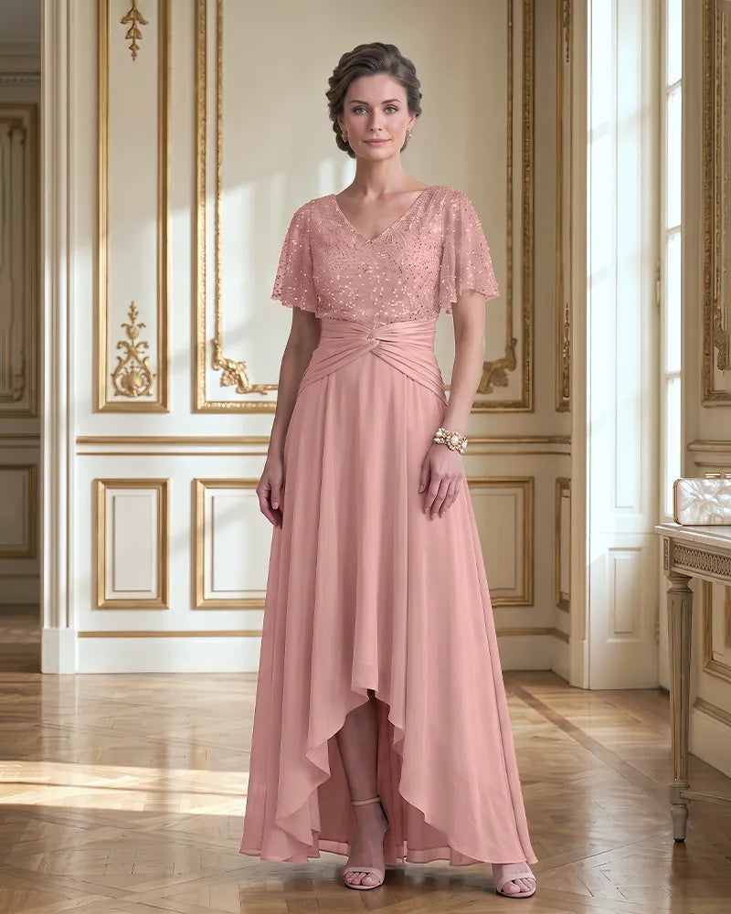 Flutter Sleeve Chiffon High Low Mother of the Bride Dress