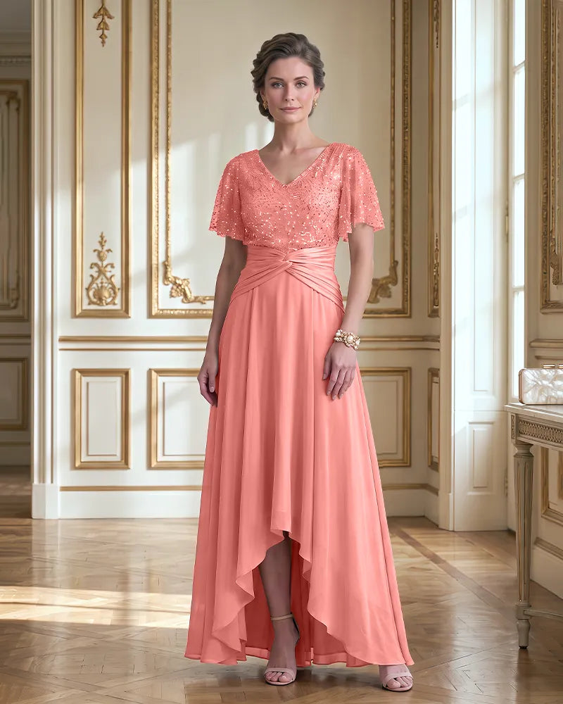 Flutter Sleeve Chiffon High Low Mother of the Bride Dress