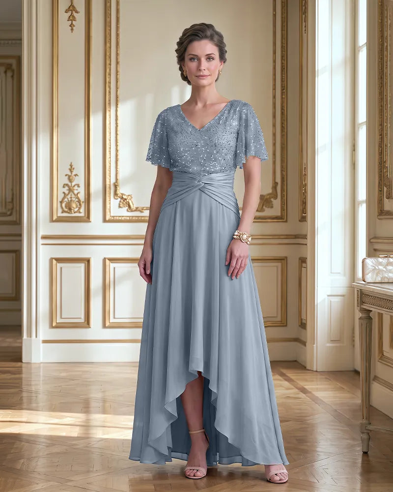 Flutter Sleeve Chiffon High Low Mother of the Bride Dress