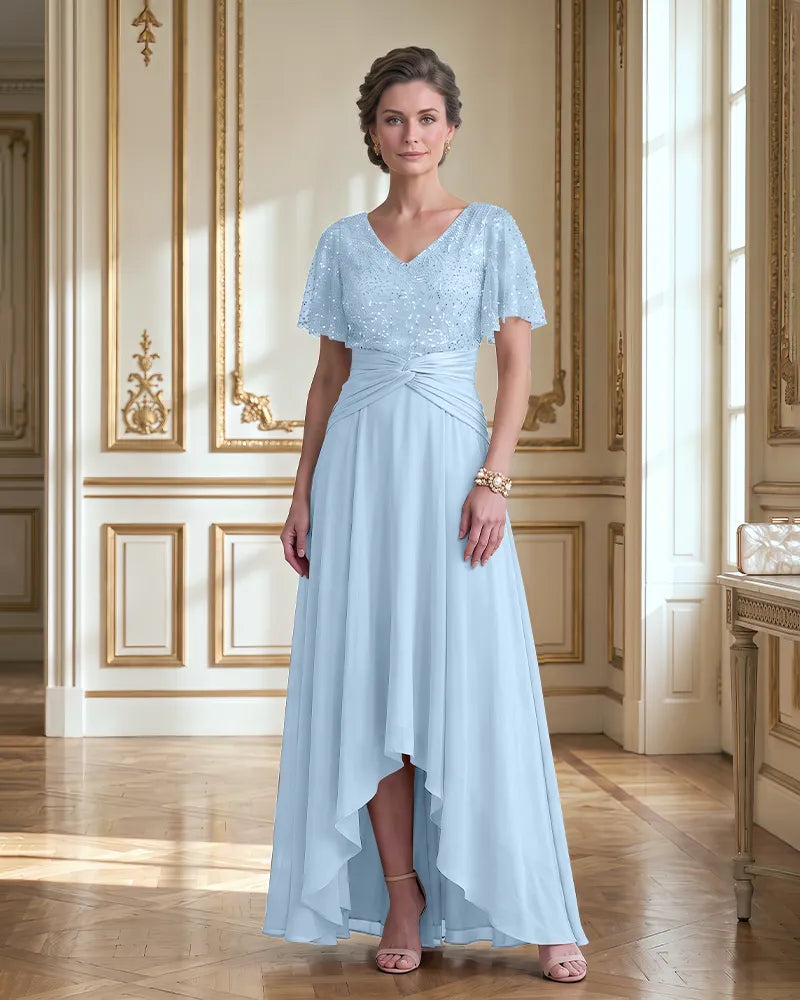 Flutter Sleeve Chiffon High Low Mother of the Bride Dress