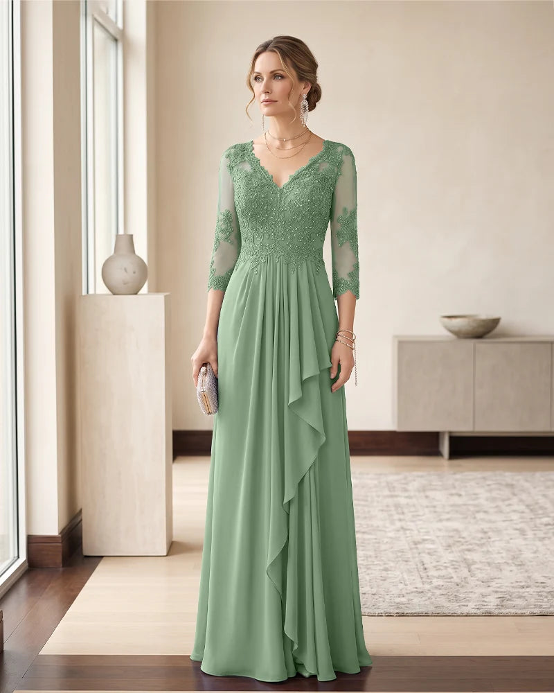 V Neck Lace Beaded 3/4 Sleeve Mother of the Bride Dress