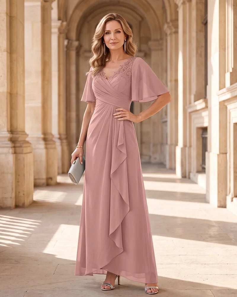 Lace Chiffon Mother of the Bride Maxi Dress with V Neck