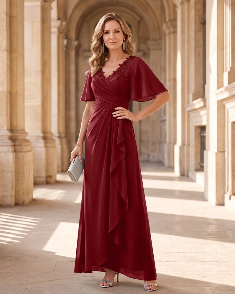Lace Chiffon Mother of the Bride Maxi Dress with V Neck