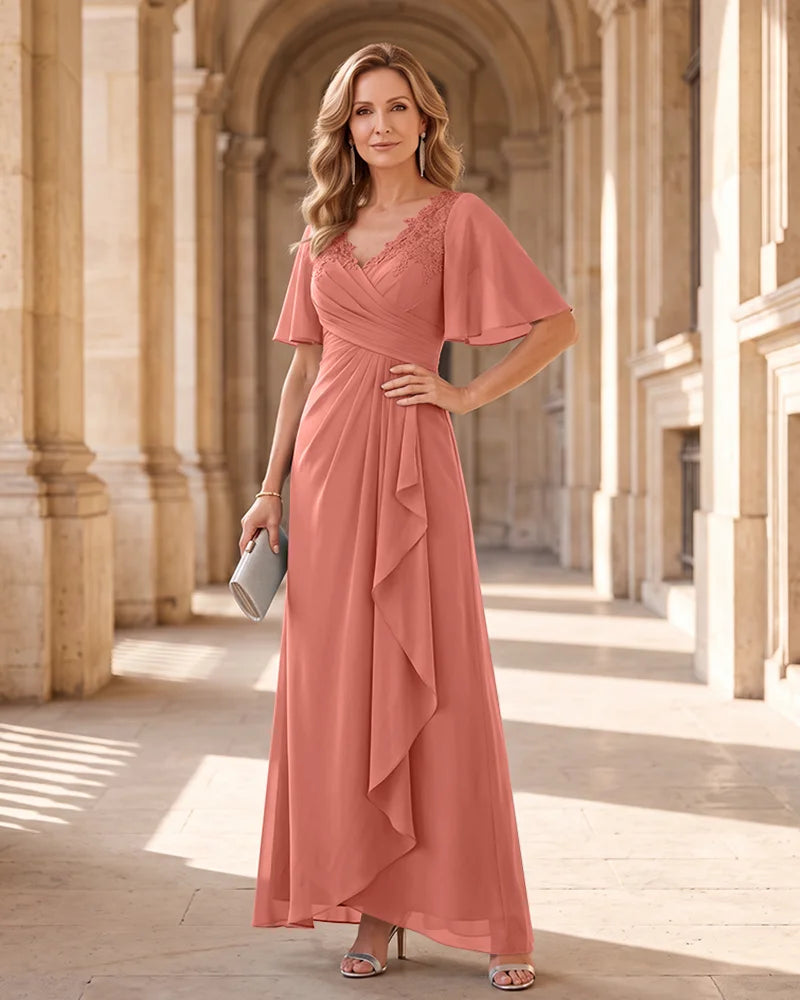 Lace Chiffon Mother of the Bride Maxi Dress with V Neck