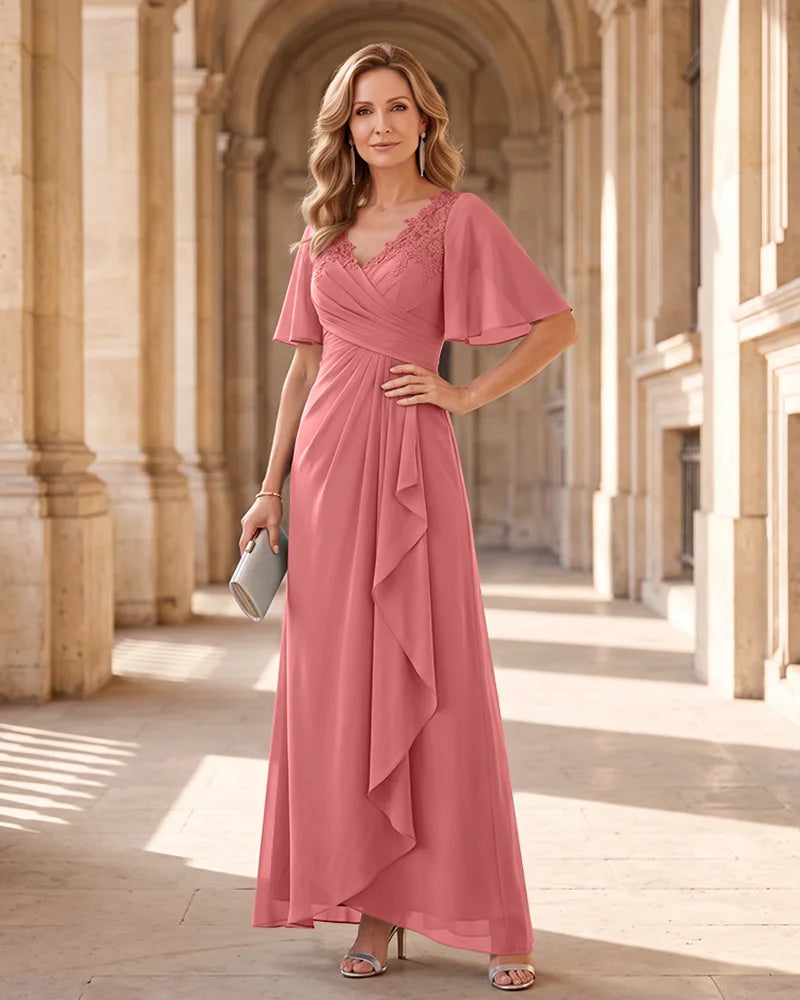 Lace Chiffon Mother of the Bride Maxi Dress with V Neck