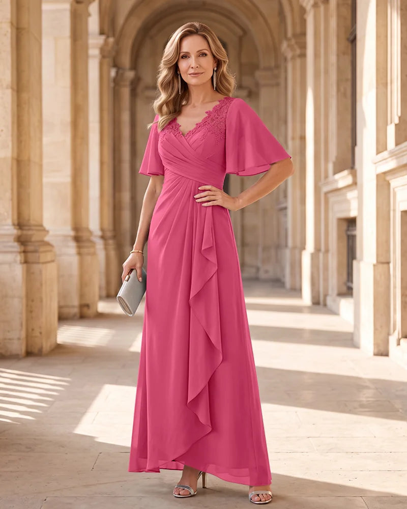 Lace Chiffon Mother of the Bride Maxi Dress with V Neck