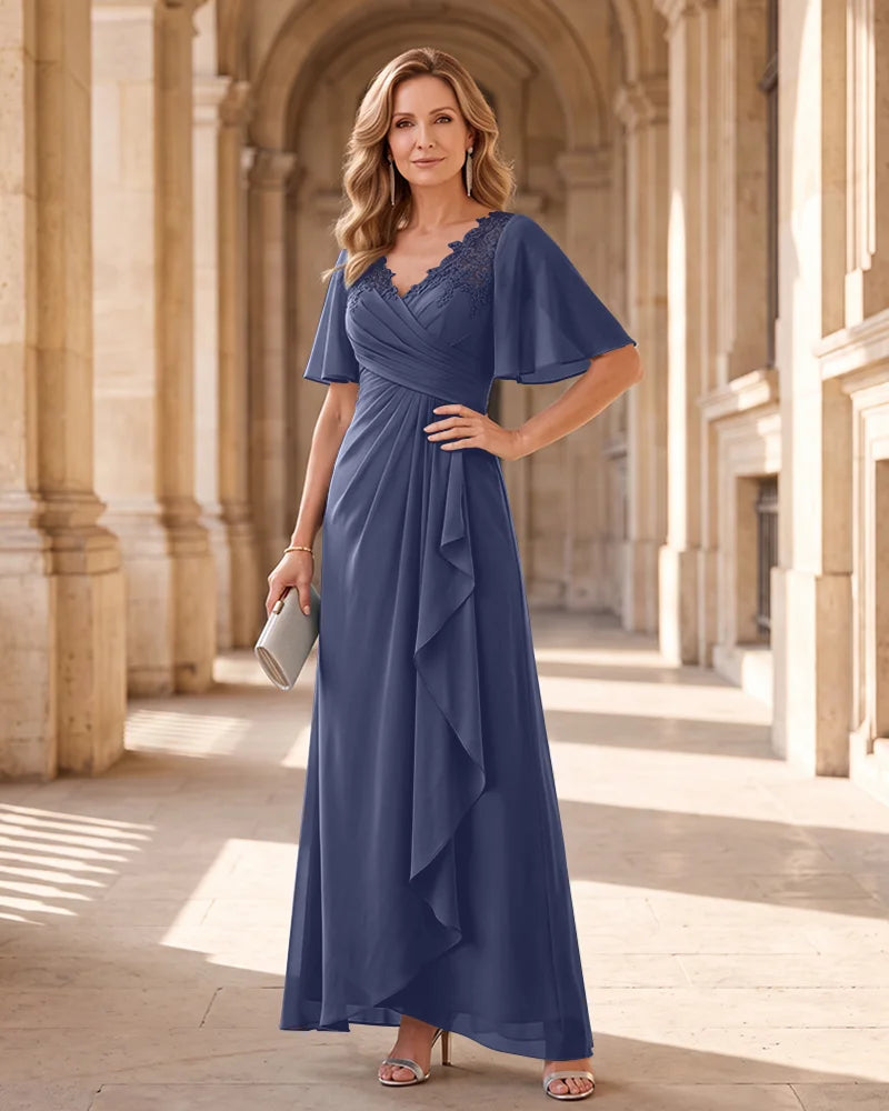 Lace Chiffon Mother of the Bride Maxi Dress with V Neck