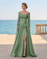 Off Shoulder Long Sleeve Satin Mother of the Bride Dress