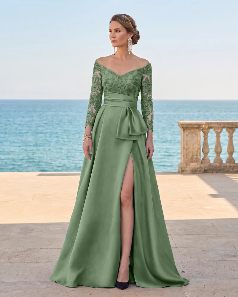 Off Shoulder Long Sleeve Satin Mother of the Bride Dress