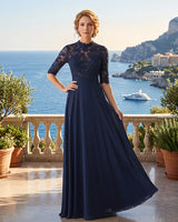 High Neck Lace Half Sleeve Chiffon Mother of the Bride Dress