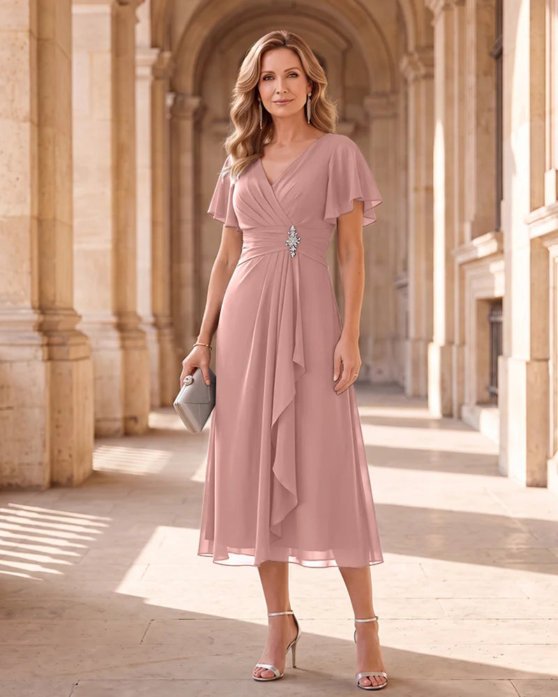 Flutter Sleeve Mother of the Bride Dress with Rhinestone Waist