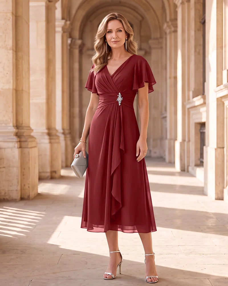 Flutter Sleeve Mother of the Bride Dress with Rhinestone Waist