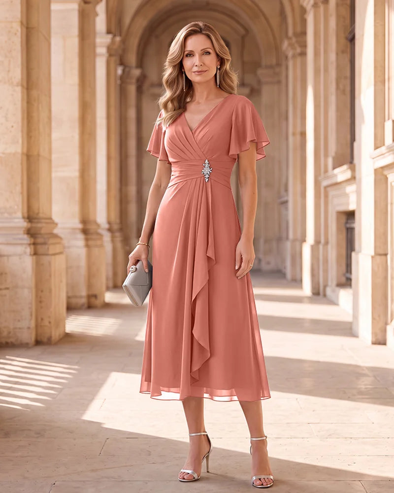 Flutter Sleeve Mother of the Bride Dress with Rhinestone Waist