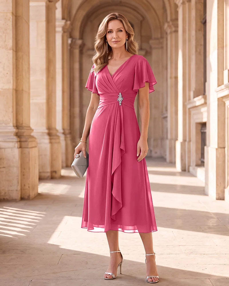 Flutter Sleeve Mother of the Bride Dress with Rhinestone Waist
