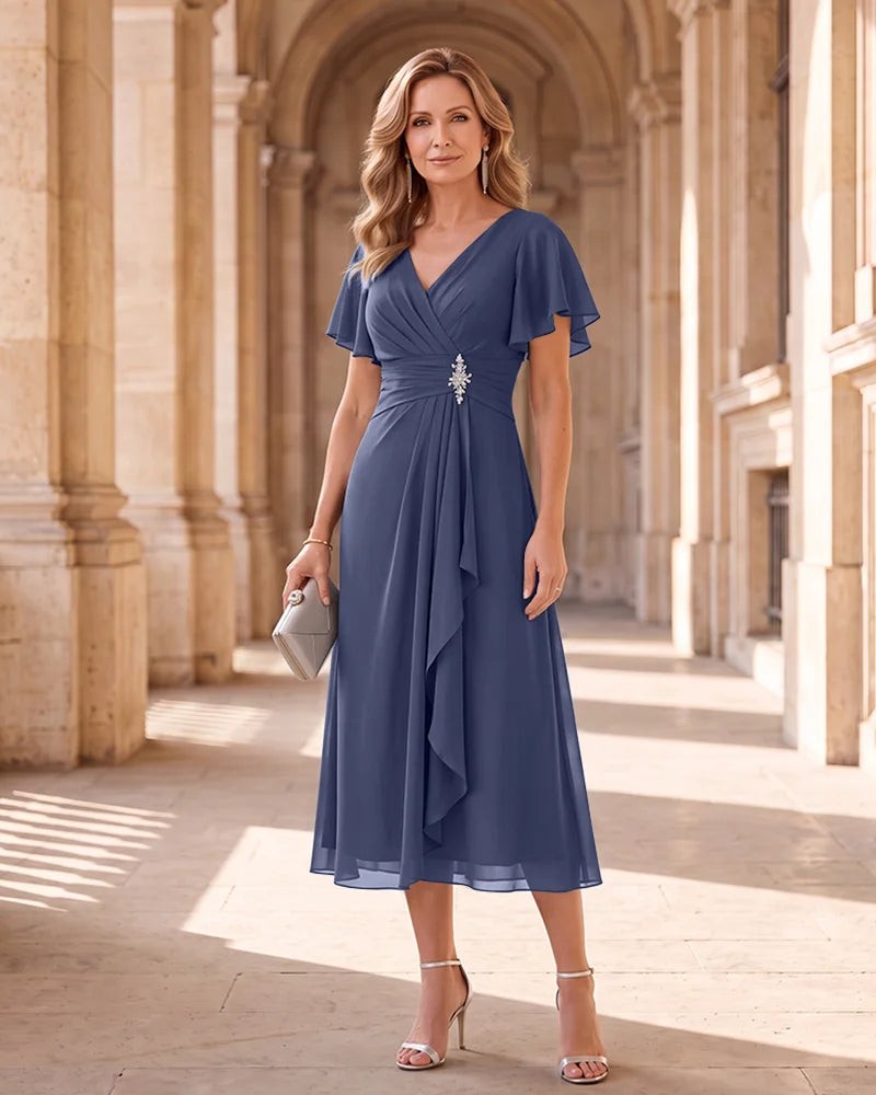 Flutter Sleeve Mother of the Bride Dress with Rhinestone Waist