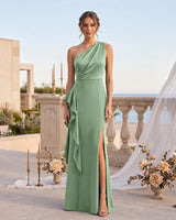 One Shoulder Satin Long Bridesmaid Dress With Ruffle & Slit