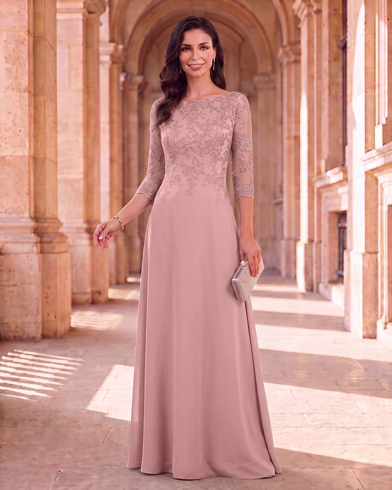 Lace 3/4 Sleeve Chiffon Mother of the Bride Maxi Dress