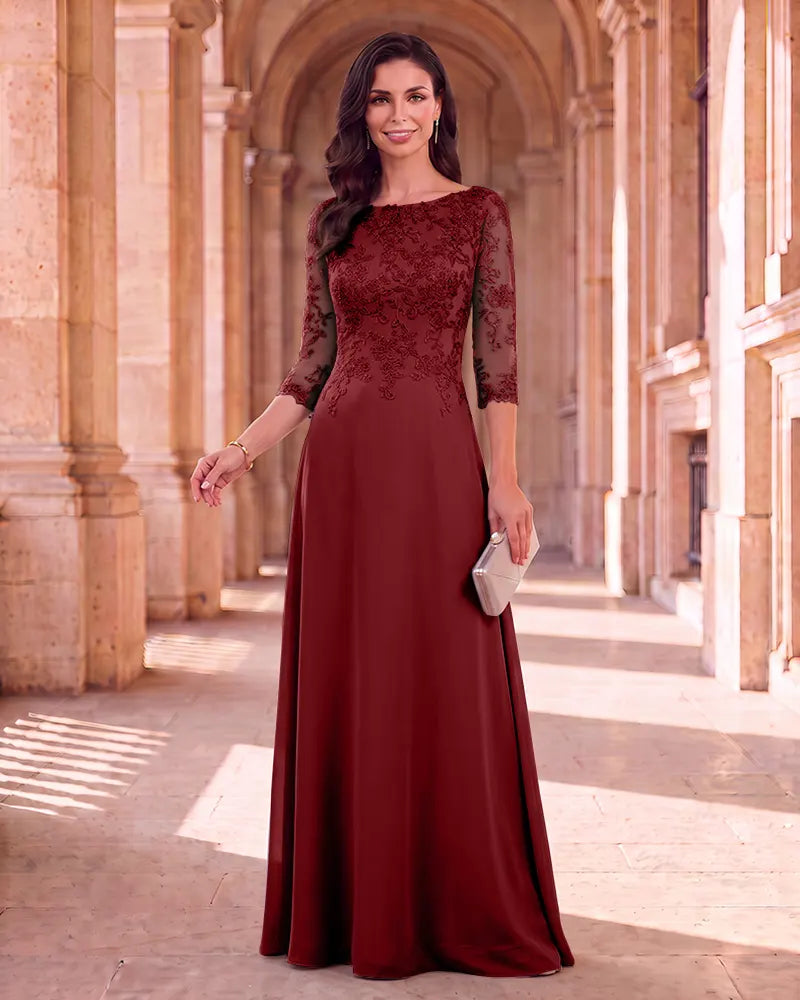 Lace 3/4 Sleeve Chiffon Mother of the Bride Maxi Dress