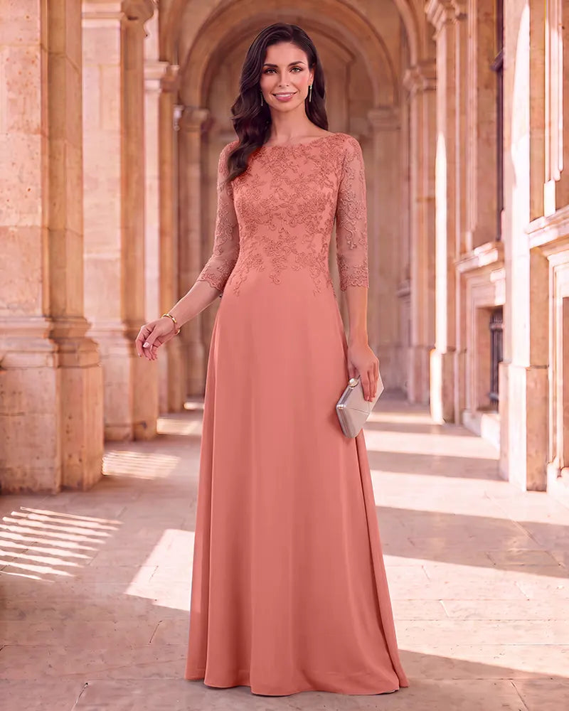 Lace 3/4 Sleeve Chiffon Mother of the Bride Maxi Dress