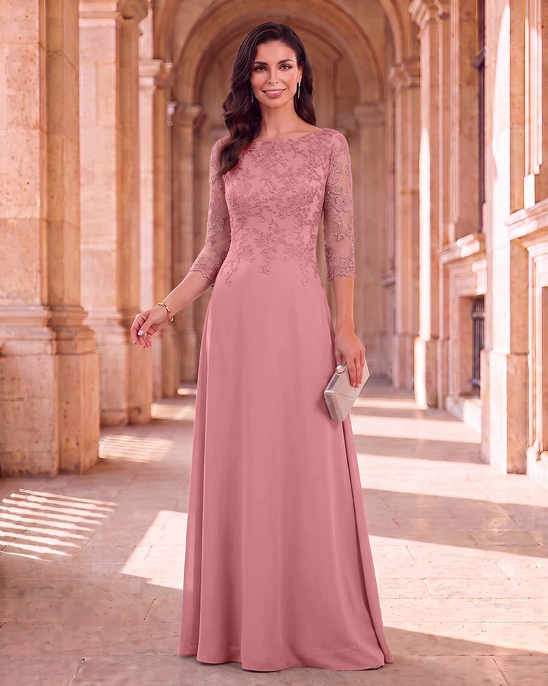 Lace 3/4 Sleeve Chiffon Mother of the Bride Maxi Dress