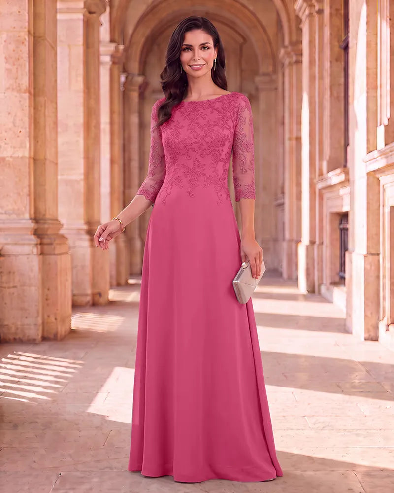 Lace 3/4 Sleeve Chiffon Mother of the Bride Maxi Dress