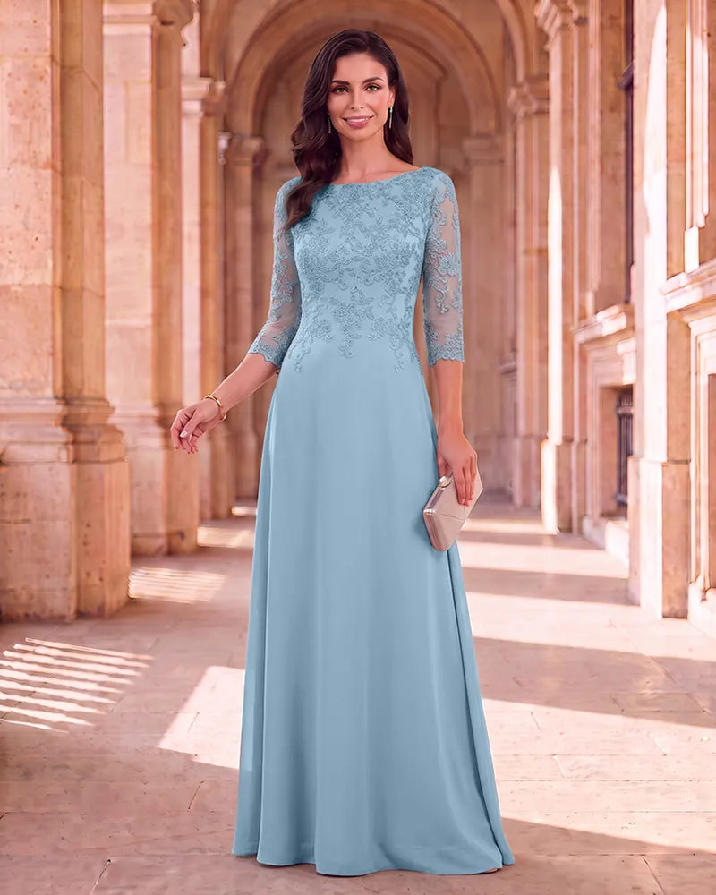 Lace 3/4 Sleeve Chiffon Mother of the Bride Maxi Dress