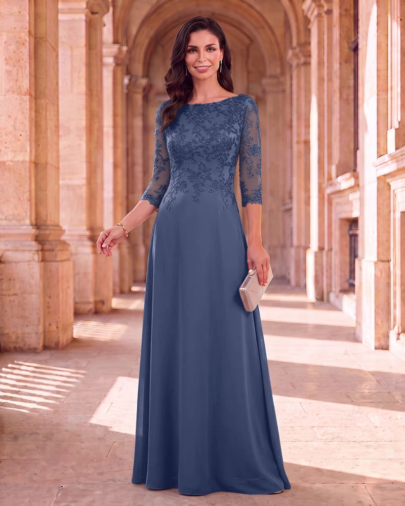Lace 3/4 Sleeve Chiffon Mother of the Bride Maxi Dress