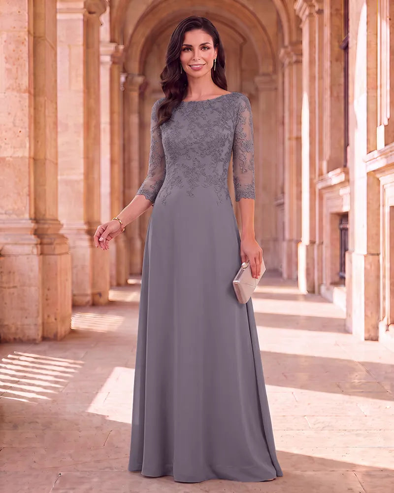 Lace 3/4 Sleeve Chiffon Mother of the Bride Maxi Dress