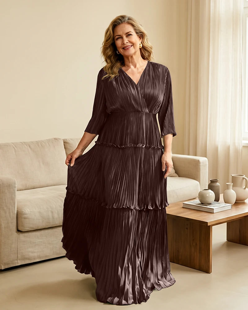 Plus-Size-V-Neck-Satin-Pleated-Tiered-Mother-of-the-Bride-Dress-Brown-1