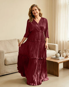 Plus-Size-V-Neck-Satin-Pleated-Tiered-Mother-of-the-Bride-Dress-Burgundy-1