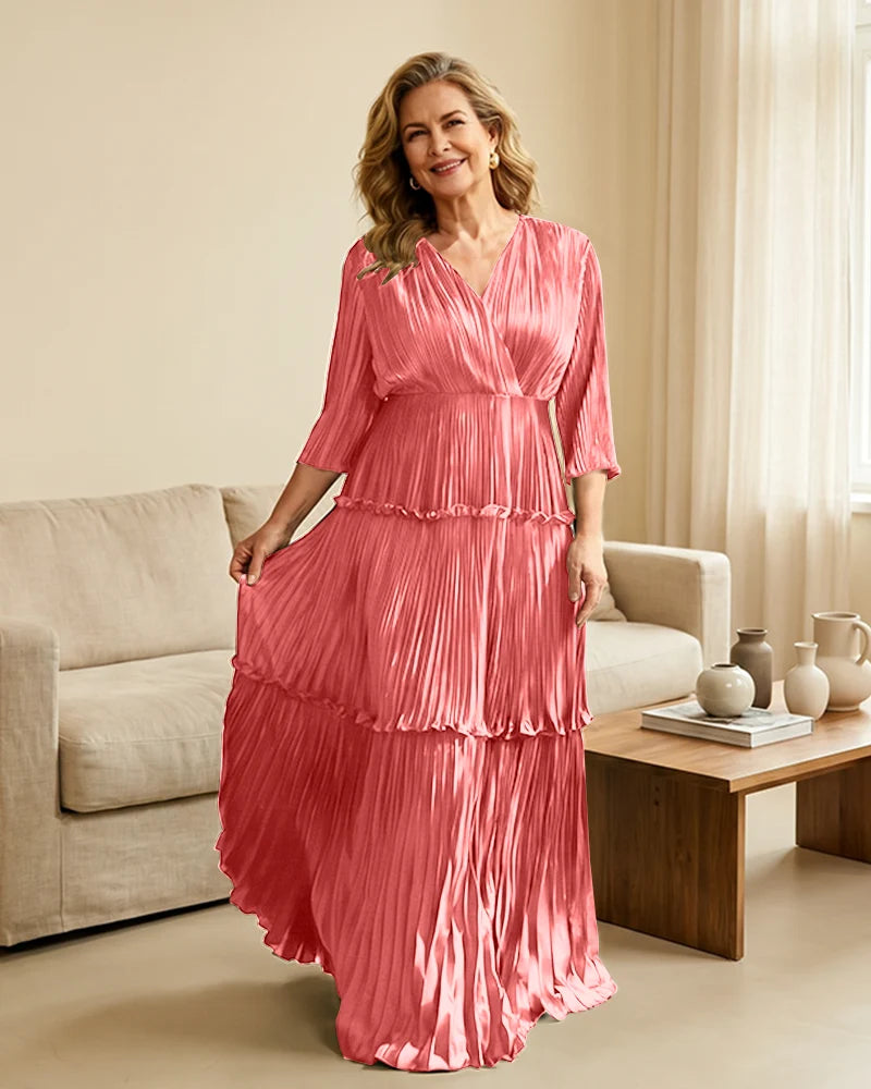 Plus-Size-V-Neck-Satin-Pleated-Tiered-Mother-of-the-Bride-Dress-Coral-1