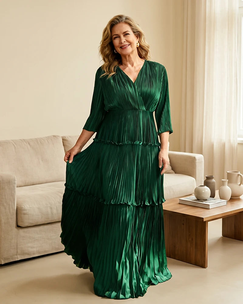 Plus-Size-V-Neck-Satin-Pleated-Tiered-Mother-of-the-Bride-Dress-Emerald-1