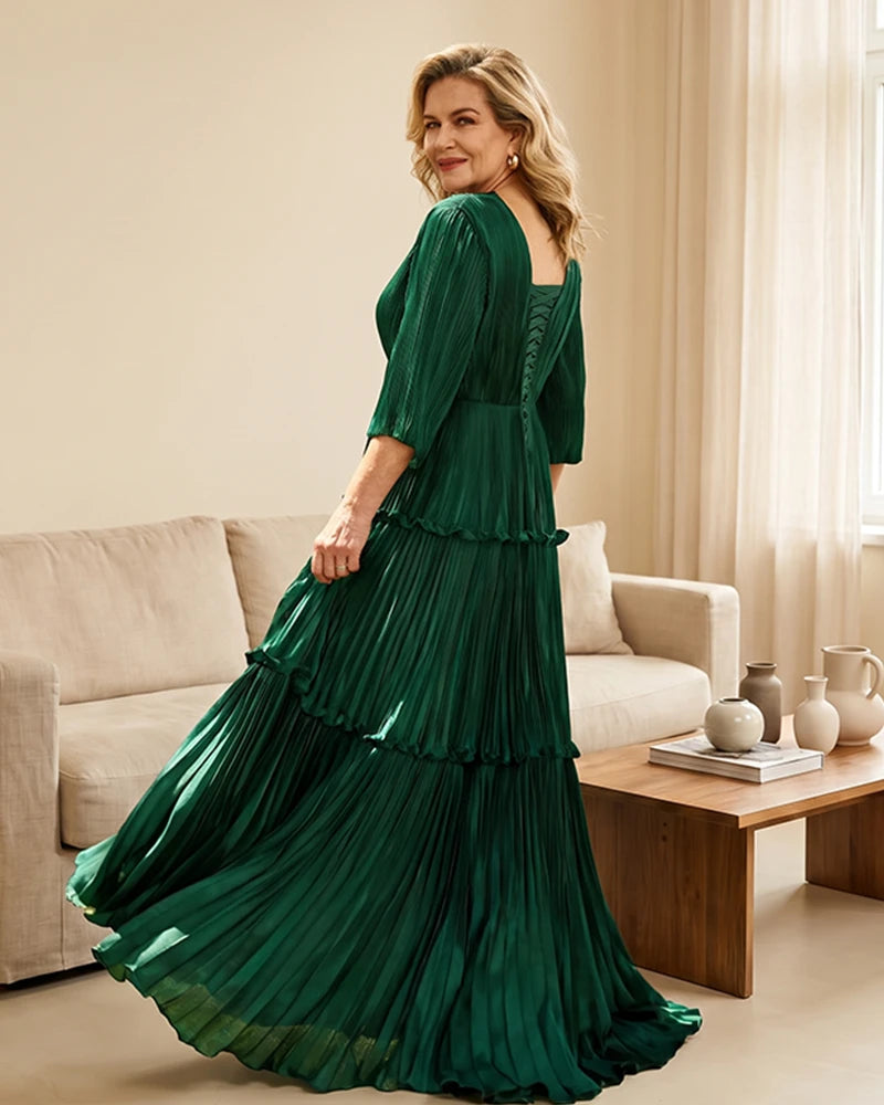 Plus-Size-V-Neck-Satin-Pleated-Tiered-Mother-of-the-Bride-Dress-Emerald-2