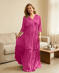 Plus-Size-V-Neck-Satin-Pleated-Tiered-Mother-of-the-Bride-Dress-Fuchsia-1