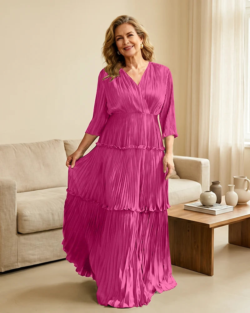 Plus-Size-V-Neck-Satin-Pleated-Tiered-Mother-of-the-Bride-Dress-Fuchsia-1