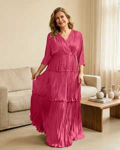 Plus-Size-V-Neck-Satin-Pleated-Tiered-Mother-of-the-Bride-Dress-Hot-Pink-1