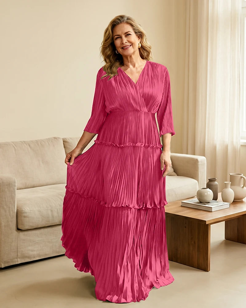Plus-Size-V-Neck-Satin-Pleated-Tiered-Mother-of-the-Bride-Dress-Hot-Pink-1