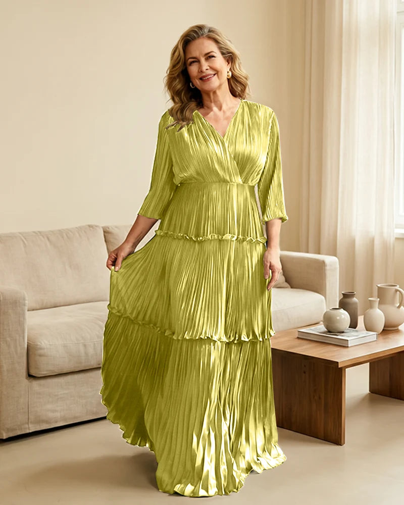 Plus-Size-V-Neck-Satin-Pleated-Tiered-Mother-of-the-Bride-Dress-Lemon-1