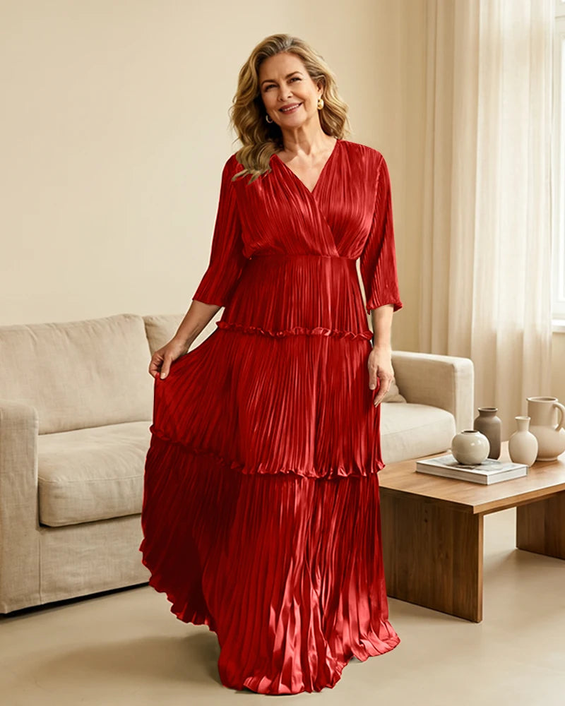 Plus-Size-V-Neck-Satin-Pleated-Tiered-Mother-of-the-Bride-Dress-Red-1