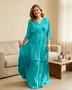 Plus-Size-V-Neck-Satin-Pleated-Tiered-Mother-of-the-Bride-Dress-Turquoise-1