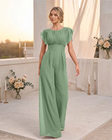 Chiffon Ruffle Flutter Sleeves Bridesmaid Wide Leg Jumpsuit