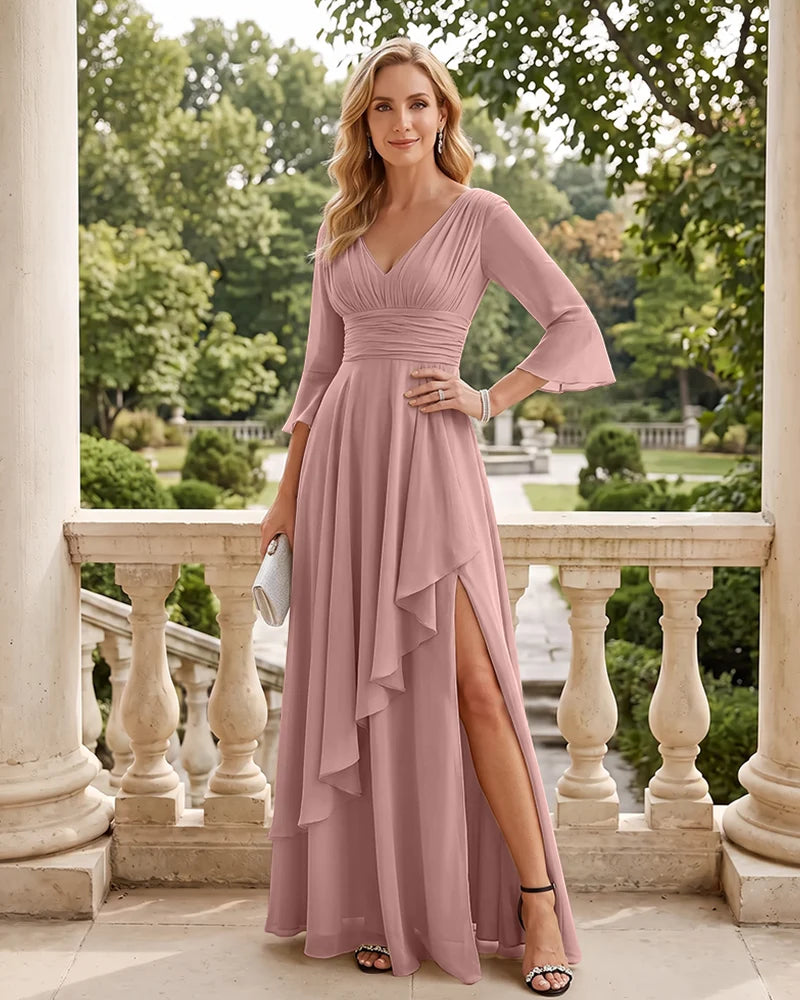 Elegant Ruched Mother of the Bride Dress with Flared Sleeves