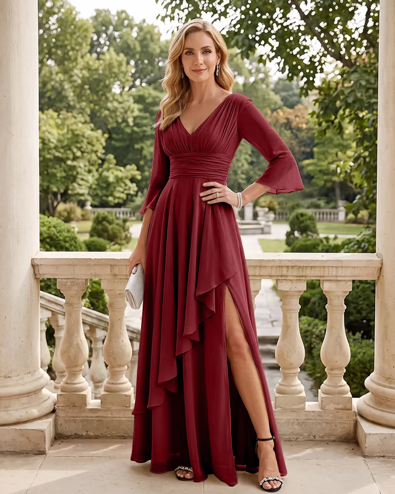 Elegant Ruched Mother of the Bride Dress with Flared Sleeves
